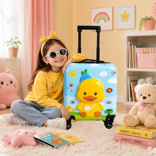 Image of Storite 18In Kids Luggage Trolley Hard Shell Cabin Suitcase | Cute Cartoon Duck Design Suitcase Ideal For School Trips Vacations Holidays And Weekend Travel (Blue - 35 x 23 x 38 Cm)