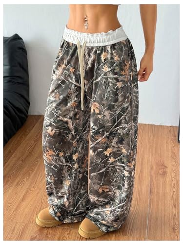 SOLY HUX Women's Camo Pants Wide Leg Baggy Sweatpants Elastic Waist Drawstring Loose Pants Trendy Y2K Drawstring Trousers2