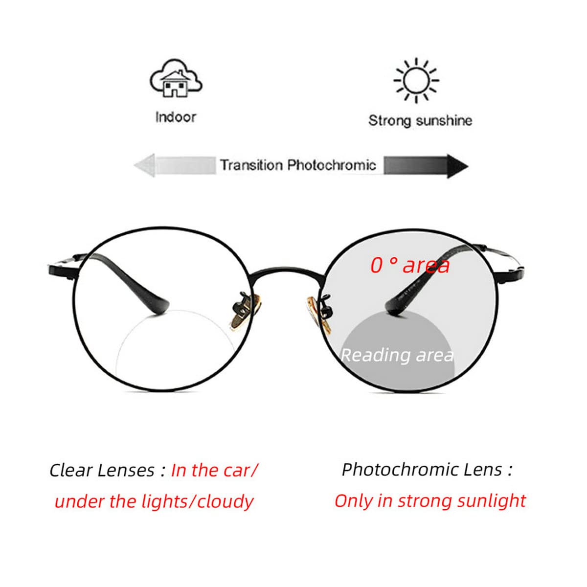 Fashion Round Bifocal Reading Glasses Men Sun Photochromic Lens Metal Frame Transition Presbyopia Female (Black, 0.00/+1.50 Magnification)