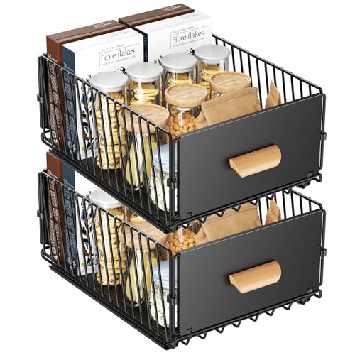 Telescopic Drawer, Extendable Drawer for Kitchen Cabinets, Slide Out Cabinet Organiser with Handle & Adhesive for Kitchen Pantry, No Drilling 23.5 x 39.5 x 19.5 cm, 2 Packs