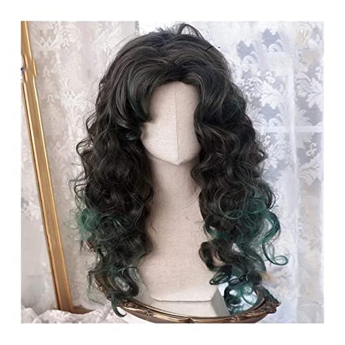 Perruque frisée pour femme sans colle noir dégradé vert synthétique douce