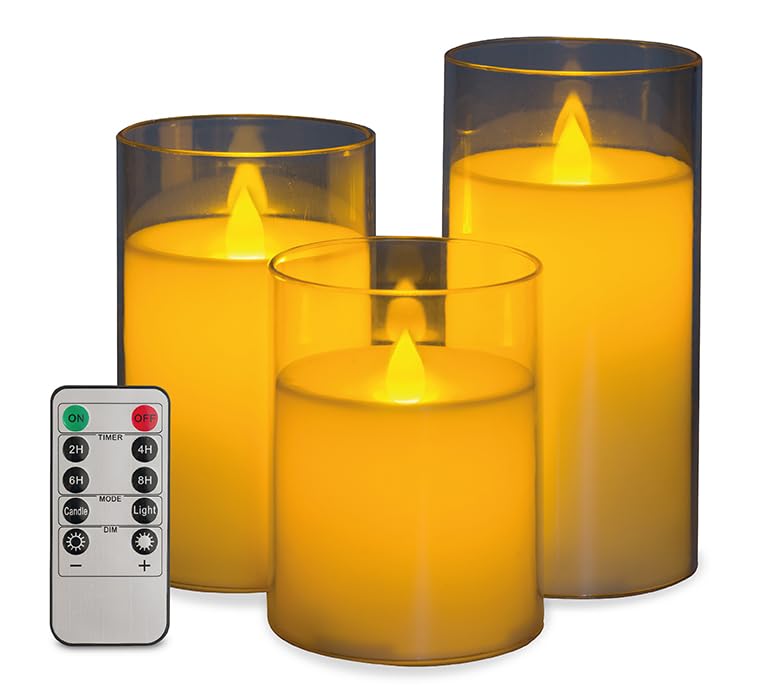 Glowing Creations Flameless Candle – Battery-Operated Set of 3 White Acrylic Candles with Remote Control for Home Décor, Bathroom, Bedroom, Living Room, Boho Apartment Essentials, Wedding Lights