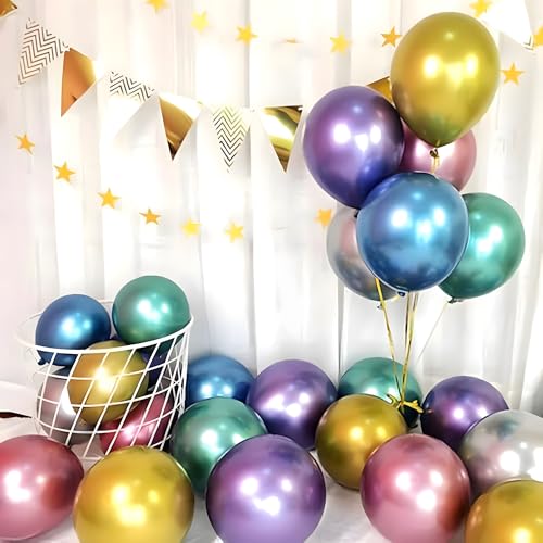 Image of Chrome Metallic Balloons Multicolour 100 pcs Glossy Latex Balloon for Birthday Decoration Kit Wedding, Anniversary Floral Garland 10 Inch Helium Supported