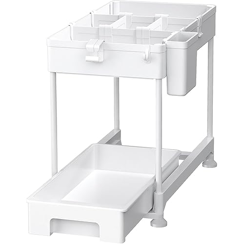 SPACEKEEPER Under Sink Organizer, Sliding Cabinet Basket Organizer 2 Tier Under Bathroom Storage Rack with Hooks, Hanging Cup, Dividers, Multi-purpose Storage Shelf for Bathroom Kitchen, White