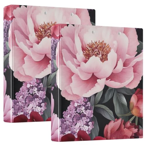 Classeur 3 anneaux anti-feuilles volantes avec poches de rangement pivoines rouges et violettes