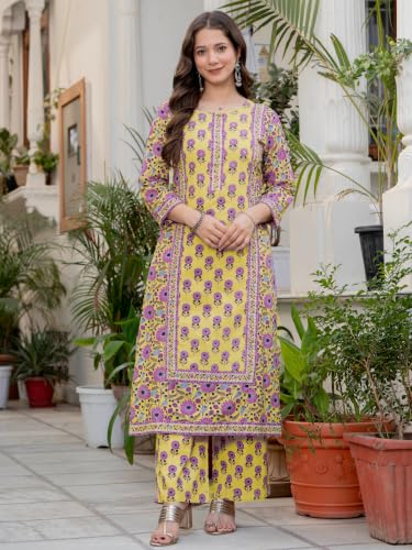 Image of Amayra Women's Pure Cotton Straight Kurta Set with Palazzo Pants & Dupatta|Kurta Set for Women