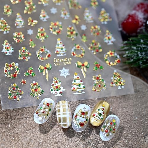 Image of Christmas Tree Nail Sticker Decals Gold Nail Stickers Bow Nail Decals with Colorful Design 5D Self Adhesive Nails Charms for Women Girls Xmas Manicure Decoration Accessories Supply