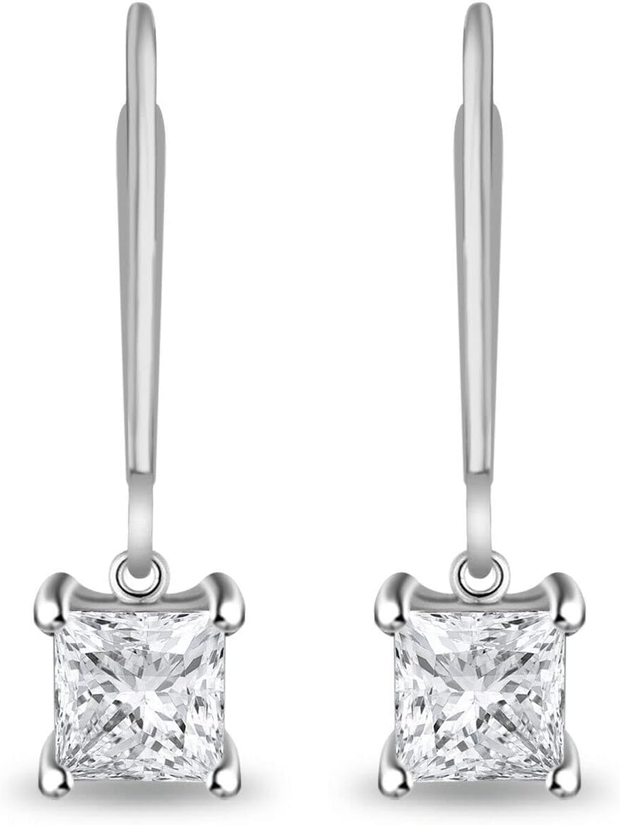 Reyansh Princess Cut White Diamond Solitaire Drop Dangle Earrings 14K White Gold Finish 925 Sterling Silver