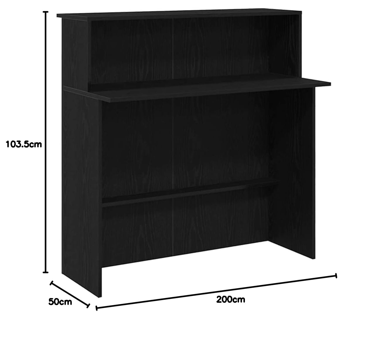 Banco di ricevimento nero effetto rovere, 200 x 50 x 103,5 cm, mobile per ufficio per reception, con cassaforte e spazio di archiviazione integrato, scrivania versatile per la casa e