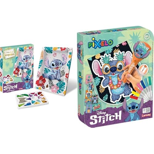 Lansay - Set Disney STITCH - COLLECTION SEQUINS + Pixelo Coffret Stitch - Crée un Tableau Scintillant en Sequins de Stitch - Crée de Magnifiques Dessins Colorés - Loisirs créatif - Dès 6 Ans