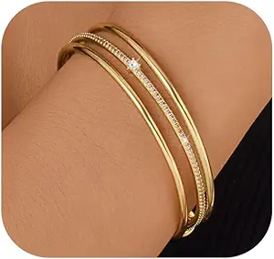 Stackable Bangle Bracelets for Women 14K Gold Plated Triple Interlocked Bangle Stainless Steel Bracelets Classic Plain Non-Tarnish Jewelry Gift for Women