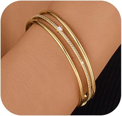 Stackable Bangle Bracelets for Women 14K Gold Plated Triple Interlocked Bangle Stainless Steel Bracelets Classic Plain Non-Tarnish Jewelry Gift for Women