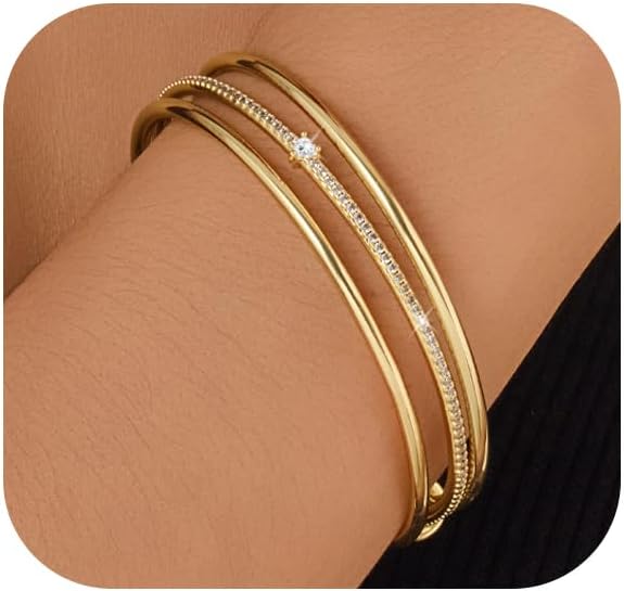 Stackable Bangle Bracelets for Women 14K Gold Plated Triple Interlocked Bangle Stainless Steel Bracelets Classic Plain Non-Tarnish Jewelry Gift for Women