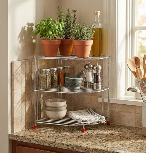 Image of Homify 3-Tier Stainless Steel Kitchen Organizer Rack Corner Shelf Rack For Kitchen Storage | Plate & Bowl Holder | Kitchen Steel Rack Stand For Sink, Slab, And Cabinet