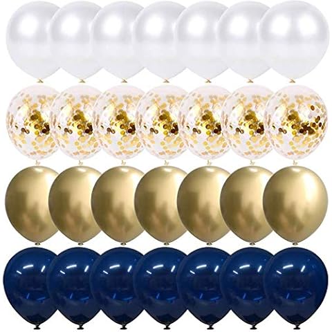 Navy Blue and Gold Confetti Balloons, 50 pcs 12 inch Pearl White and Gold Metallic Chrome Birthday Balloons for Celebration Graduation Party Balloons Cover