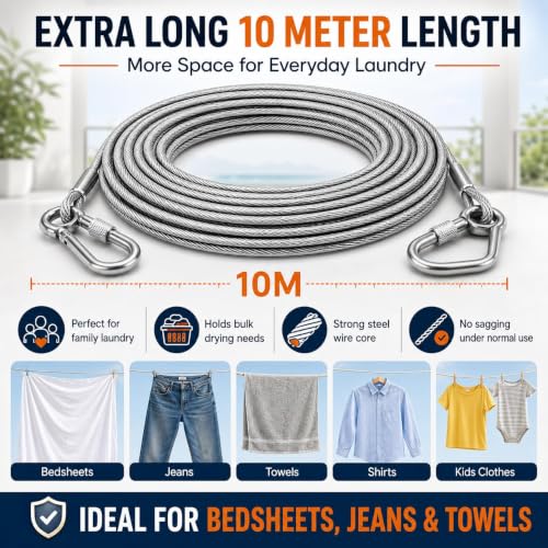 Image of 10 Meter Heavy Duty Clothes Drying Rope with Hooks | Strong Steel Clothesline for Balcony, Travel, Camping & Home Use | Rust Resistant Silver Clothes Line