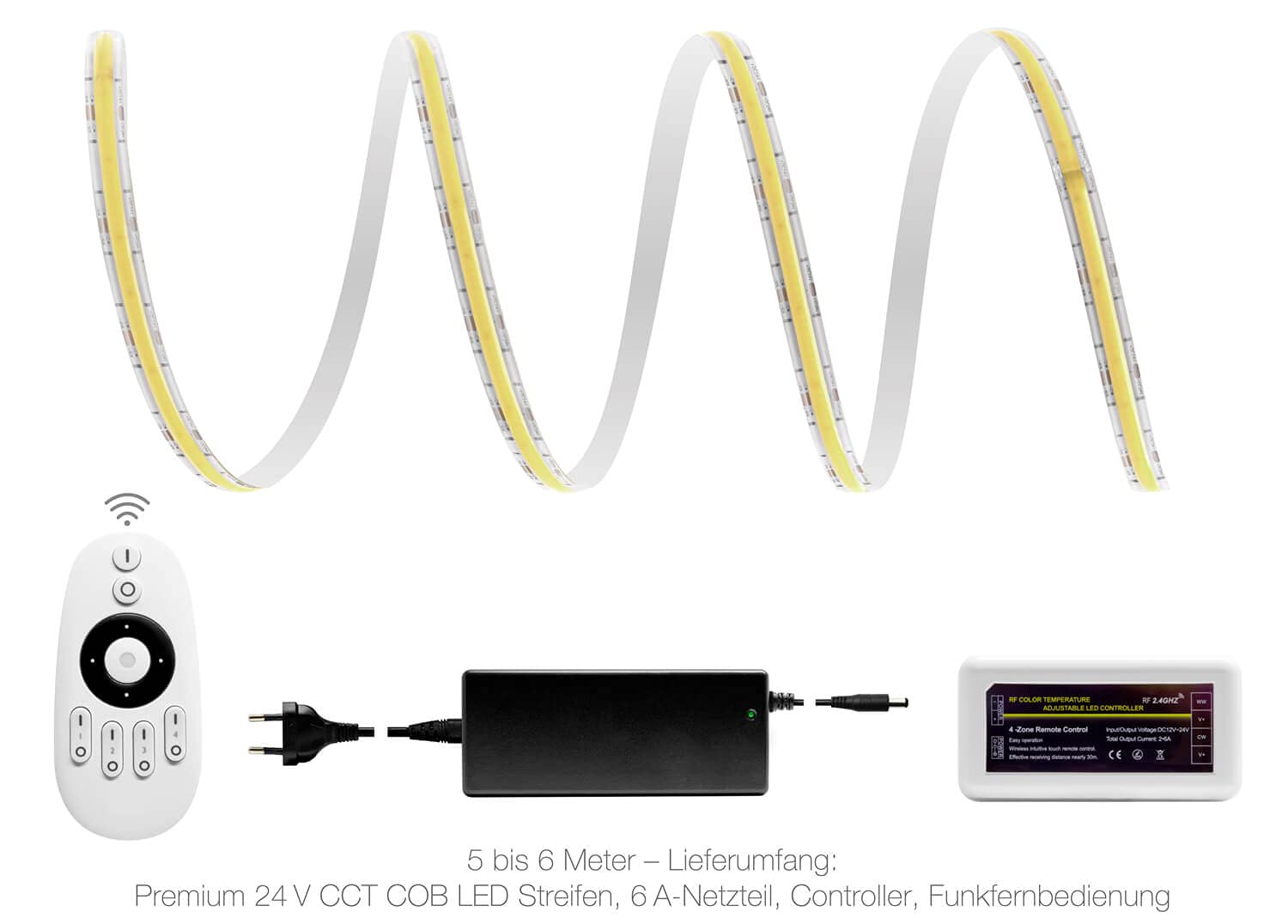 LED Universum Juego de tiras LED COB CCT blanco dual, juego de 4 zonas con mando a distancia, controlador y fuente de alimentación, filamentos premium, 24 V, IP65, blanco dual (2 metros)