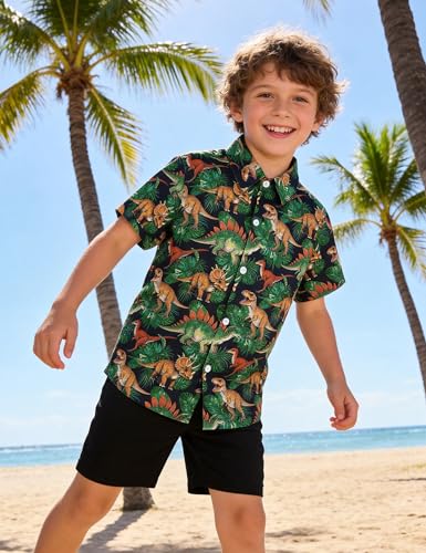 Image of Boys Hawaiian Shirt Kids Button Down Aloha Beach Hawaii Tops 5-14Y | Quick Dry, Breathable, Cooling & Lightweight, For Summer Vacation Holiday, Fourth of July, Youth, Teen, Shark, Dinosaur