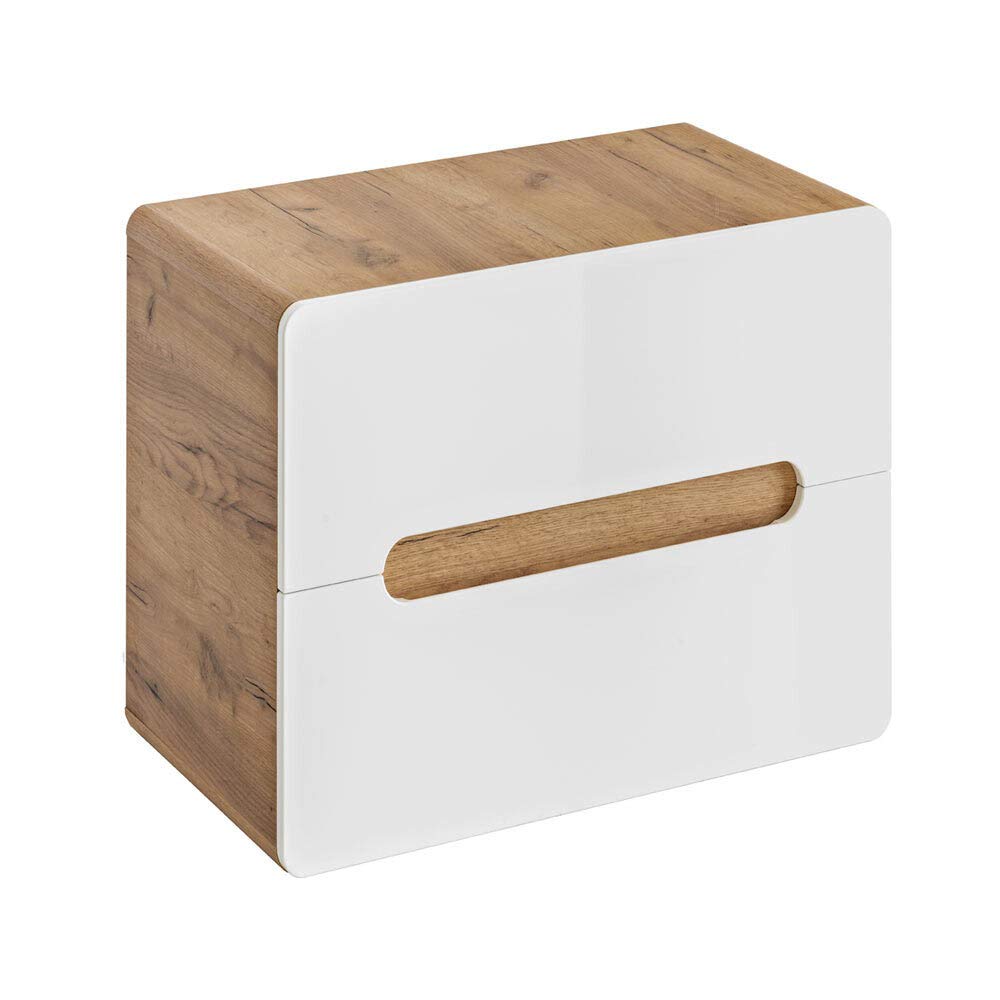 Lomadox Badmöbel Waschbeckenschrank Waschtisch-Unterschrank 60 cm Hochglanz weiß mit Wotan Eiche Nb., 2 Softclose-Schubkästen, B/H/T ca. 60/53/46 cm