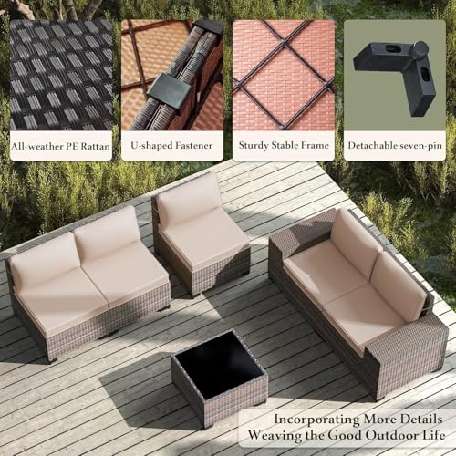 Image of 6 PCS Outdoor Patio Furniture Set,Outdoor Sectional Furniture All Weather PE Rattan Wicker Patio Conversation Set with Coffee Table and 5 Thickened Cushions,Sand