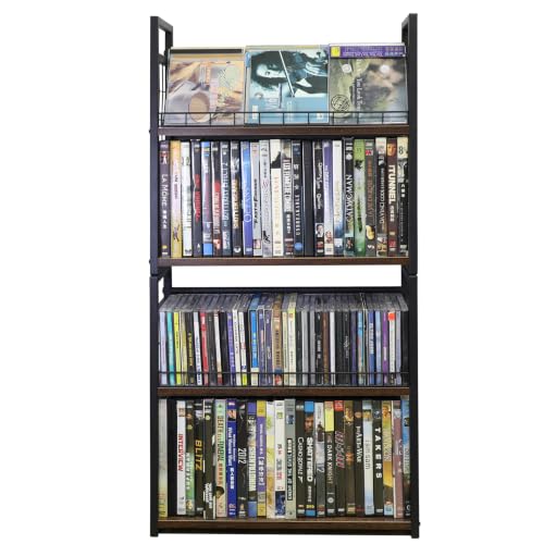 Image of 2-Tier DVD Storage Rack 2 Pack, Holds 112 DVDs (160 CDs), Metal Frame Media Holder with Handles, for Blu Ray, CDs, Video Games, VHS Tapes