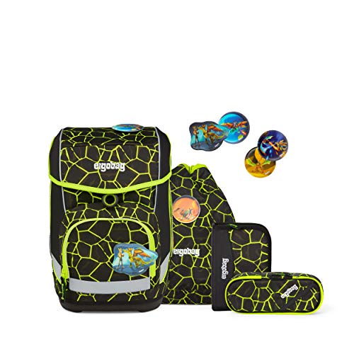Ergobag Cubo Set: Mochila escolar ergonómica  5 piezas  Oso de dragón   Negro Talla