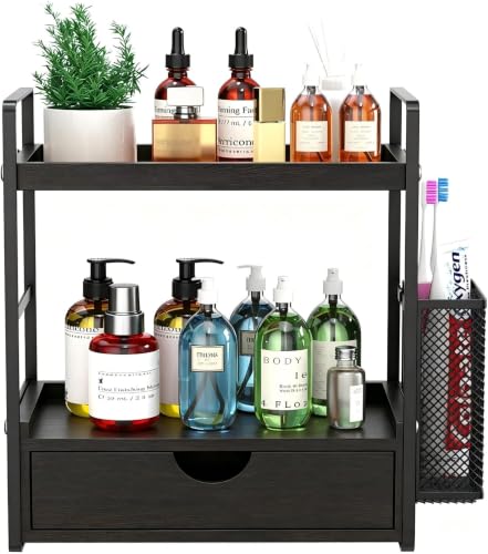 LEMIKKLE Bathroom Counter Organizer with Basket, Bathroom Organizers and Storage,Skincare Organizers for Vanity,Storage Organizers for Bathroom, Kitchen, Dresser (Black with Drawer)