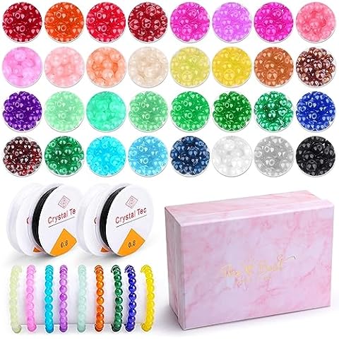 Thrilez 800 Pieces Glass Beads for Bracelets Making in 32 Colors, 8mm Glass Crystal Beads Bracelet Making Kit for Jewelry Making Cover