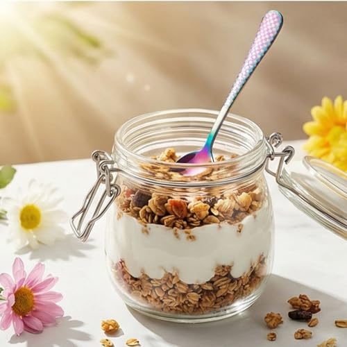 Image of 6.7 inch Rainbow Dessert Spoons Set of 5 with Checks Printed Handle ? Durable Stainless Steel Teaspoons, Mirror Polished Silverware Spoons, Perfect for Home, Restaurant, and Gifting