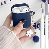 Cute Blue Case for Airpods 2nd/1st Generation Cover for Girl Women with Pom pom Flower Keychain & Cleaner Kit, Soft Silicone Airpods iPod 2nd/1st Gen Protective Cover Skin for Airpods 2/1 Gen, Blue