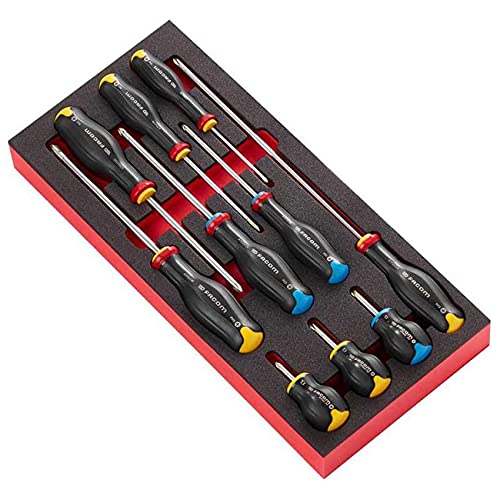FACOM - Set de 10 Tournevis Cruciformes Protwist en Plateau en Mousse - MODM.AT5 - Poignée en Mousse Bicolore Haute Densité pour Confort et Sécurité -...