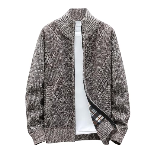 Wankang Men's Fleece Lined Cardigan Sweater Casual Long Sleeve Stand Collar Zip Up Cable Knit Cardigan Sweaters for Men