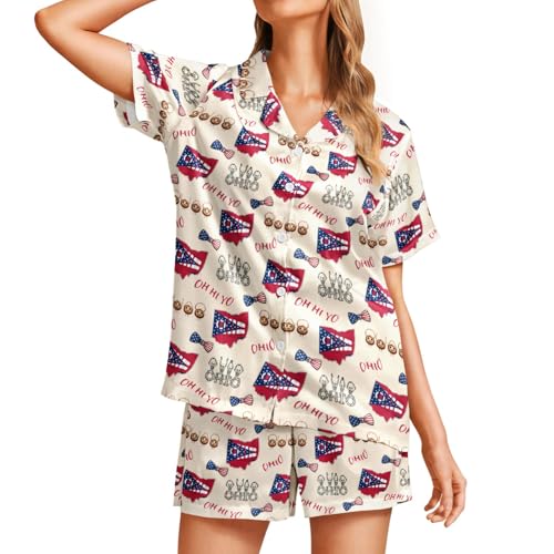 Image of Silk Satin Pajama Set for Women Summer Lounge Pjs Sets 2 Piece Suit Ladies Button Down Tops And Shorts Sleepwear