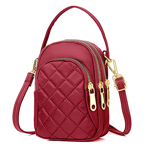 Image of Small Crossbody Phone Bag for Women Quilted Purse Nylon Cell Phone Cross Body Wallet iphone Handbag, Red