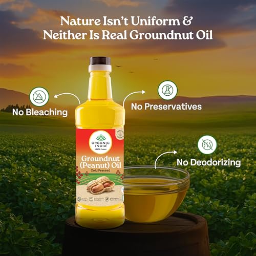 Image of Organic India Groundnut (Peanut) Oil, 1000ml | Cold Pressed Unrefined Organic Oil with Natural Flavour | Certified Organic and Lab Tested on 250+ Parameters | Perfect for Daily Cooking | Natural Aroma and Taste