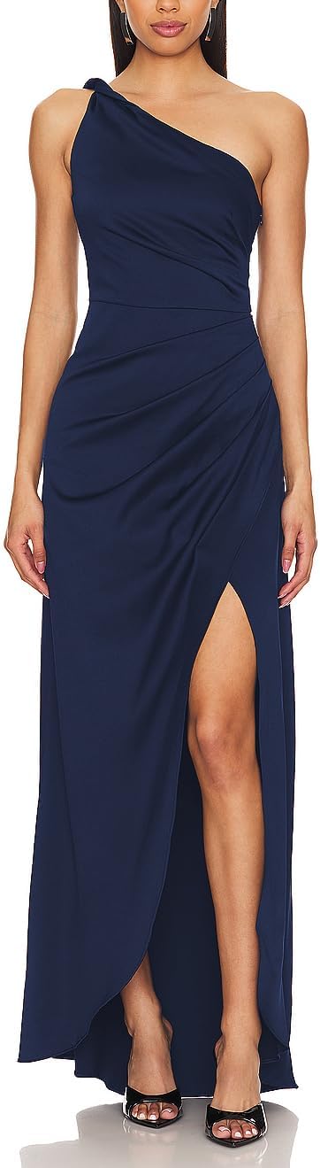 Capuffy Women's Sexy One Shoulder Long Formal Dress Ruched Waist High Split Cocktail Wedding Guest Party Maxi Dress 02
