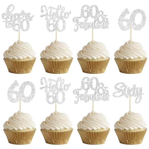 30Pcs Happy 60th Birthday Cupcake Toppers Silver Glitter Sixty Cake Toppers Cheers to 60 Years Old Birthday Cupcake Picks for 60th Birthday Anniversary Party Cake Decorations Supplies