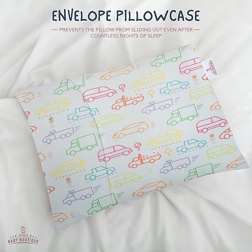 Image of Blue Cars - Kona's Perfect Childrens Pillow with Softest Toddler Pillowcase - 13 x 18 inch Toddler Pillow - 2 Year Old,