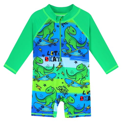 Image of HUAANIUE Toddler Boy Swimsuit Rashguard One-Piece Swimwear 0-6 Years | UPF 50+ sun protection, front zipper with chin guard, 4-way stretch quick-dry fabric, flatlock seams anti-chafing