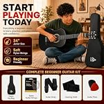 Pyle 34” Acoustic Guitar- 1/2 Junior Size- Great for Students, Kids, Teens, Adults- Girls Boys Beginners, Includes Accessory Kit, Gig Bag, Tuner, Extra Strings, Picks, Strap- Right Handed- Black Matte