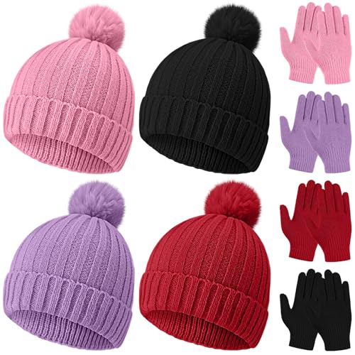 Image of JaGely Kids Beanie and Glove Set Winter Snow Warm Hat and Gloves Unisex Knit Hat with Pompom Full Fingers Ski for Boys Girls