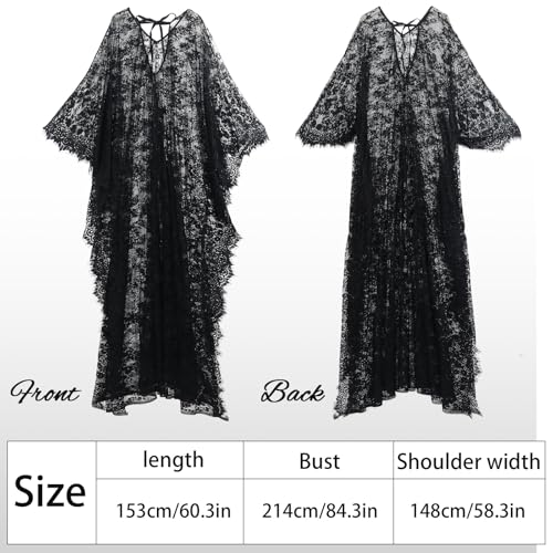 Mepase Boho Witch Lace Kimono Kaftan Dress Robe Bikini Swimsuit Beach Cover up for Women Maternity Halloween Vampire Costume(Black) - Thumbnail 2