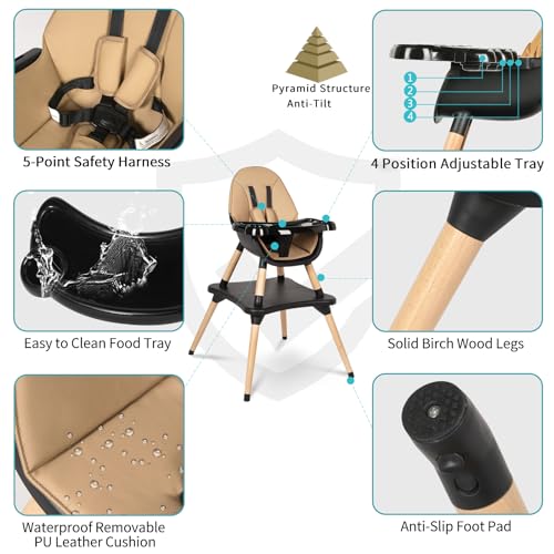 Image of 6 in 1 High Chair for Babies & Toddlers, Convertible Wooden Baby Highchair, Table and Chair Set, Baby Feeding Chair, 5-Point Adjustable Harness /4-Position Removable Tray& PU Seat Cushion (Black)