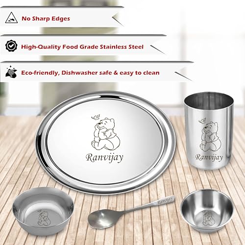 Image of SAVRI Personalized Stainless Steel Kids Meal Set - 6 Pieces - Customized Name & Cartoon Motif Engraved - Plate, Bowl, Spoon, Fork & Glass Combo - for Kids, Boy, Girl, Birthdays & Return Gifts