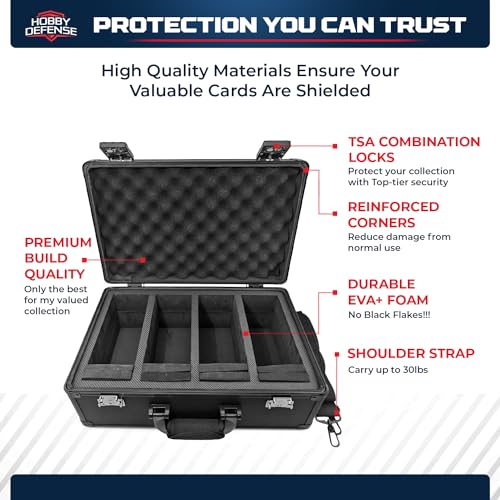 Hobby Defense Premium 4 Row Graded Card Case Bundle with TSA Combo Lock, DuraGuard Foam, 8 Dividers, Handle Pad and Shoulder Strap. Holds up to 140 PSA, BGS, CSG, SGC graded cards (Black Diamond)