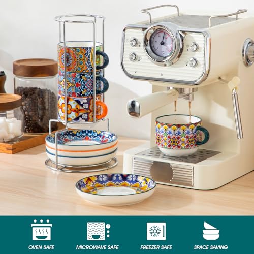 vancasso 8 Oz Stackable Espresso Cups with Saucers and Metal Stand Set of 4,Bohemian Ceramic Cappuccino Cups - Microwave and Dishwasher Safe, Perfect For Tea, Espresso, Latte, Cafe-03 by vancasso - Used condition - Image 4