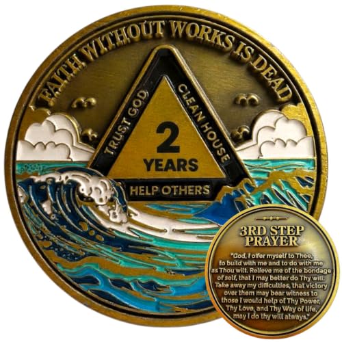 2 Year Waves Sobriety Coin - Third Step Prayer AA Medallion Premium Recovery Token for Anniversaries Sponsor & Sponsee Gifts Two Years Sober Milestone Chip for Women and Men