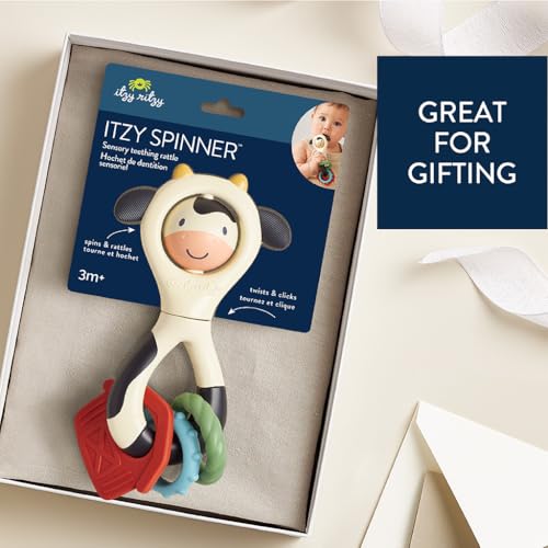 image for Itzy Ritzy Spinner Rattle Toy – Cow Design Sensory Teething Rattle I
