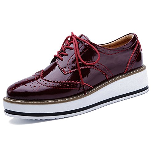 YING LAN Women's Platform Lace-Up Wingtips Square Toe Oxfords Shoe Red