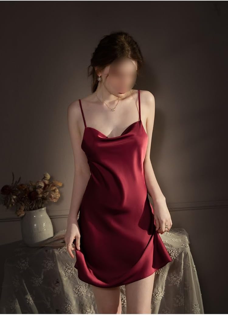 Women's Satin Pajamas Thin Sexy Backless Sleep Lounge Red Nightgown Spaghetti Strap Sleepshirts